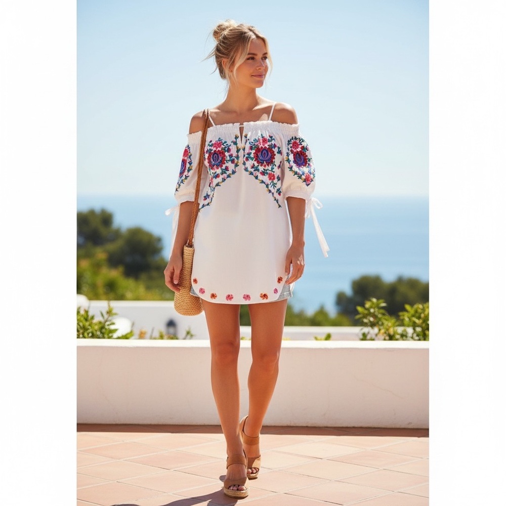 Beautiful Strapless/Spaghetti Strap Floral Embroidered  Dress Size S/M